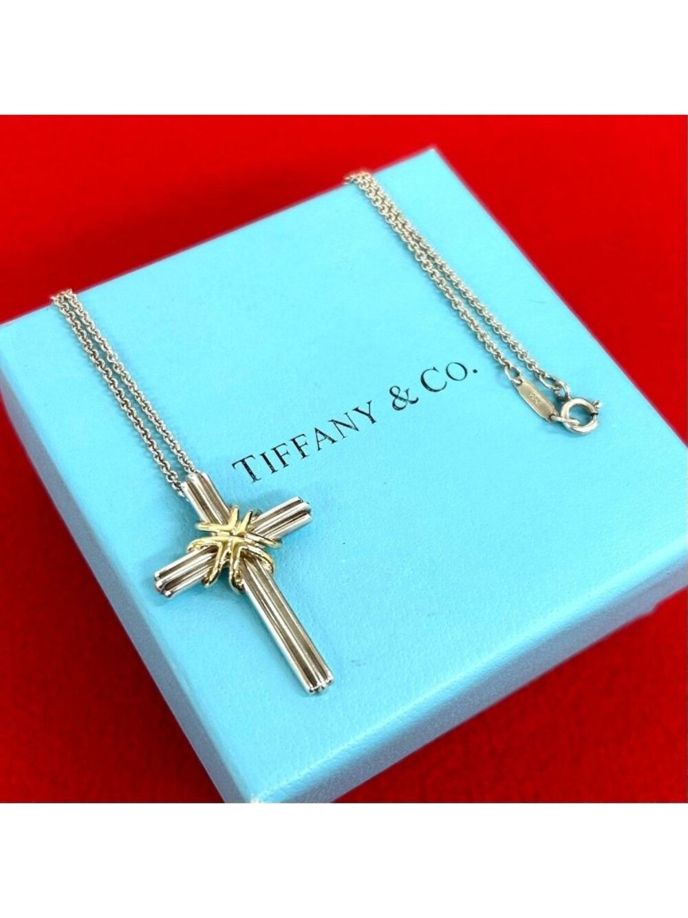 Tiffany & Co Vintage Signature Cross Necklace Silver Yellow Gold